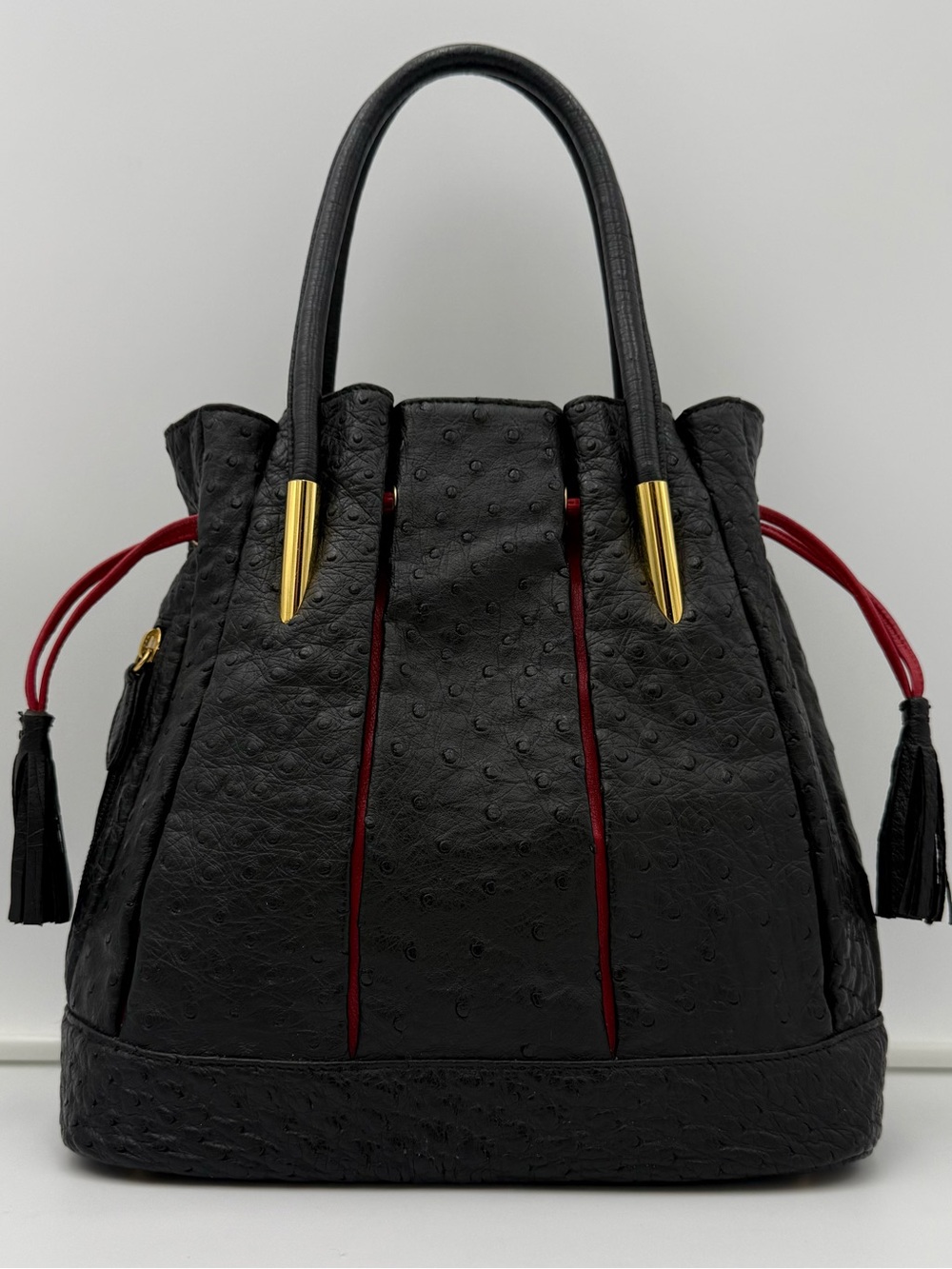 SANPŌ • Black & Red Exotic Genuine OSTRICH Bucket Bag w/ Pouch • Made in JAPAN - Picture 4 of 16
